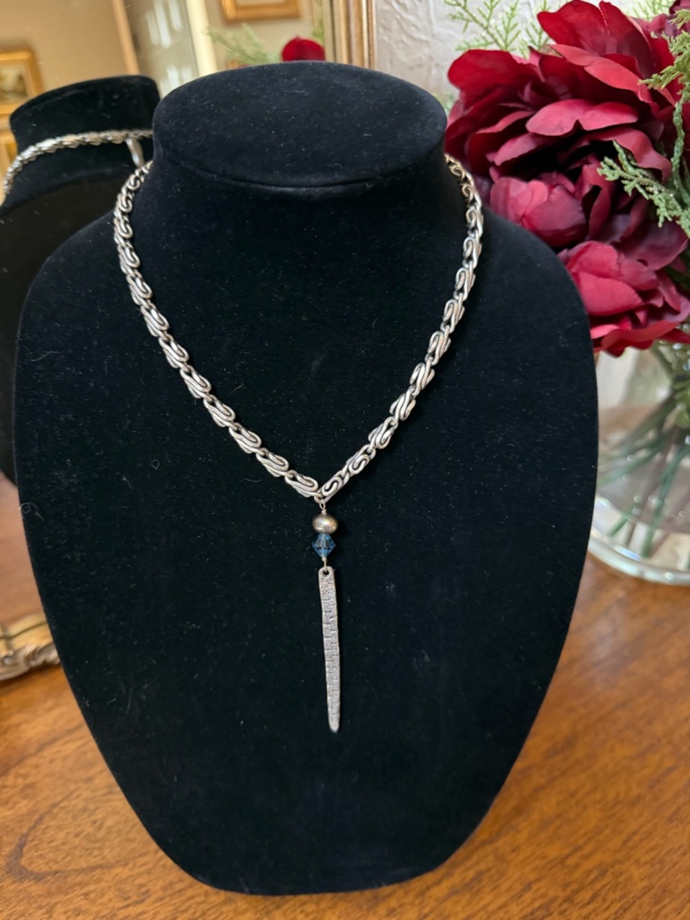 Sterling-Style Silver Chain Necklace with Blue Accent and Pendant